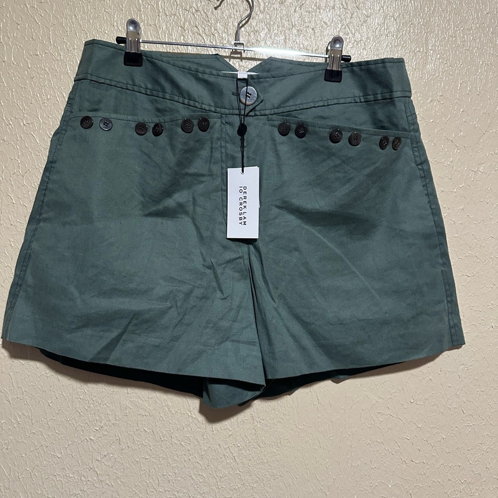 10 Crosby Derek Lam Army Green‎ Shorts Size 12 Luxury High Waist Linen Blend